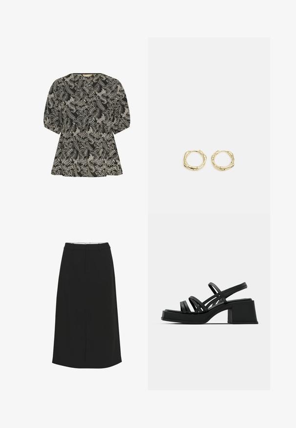 Culture CUBroderie - Bluse - black whitecap; Sort midi-nederdel med en lige silhuet, lavet af et glat stof. Har en talje og sidelommer, uden synlige mønstre eller pynt.; Sorte hælede sandaler med flere tynde stropper og en bred blokhæl. Slank design med en mat overflade. Sålens fodbed har en let kurve.; Gul hoop ørestikker med en struktureret, uregelmæssig form. Har en sømløs lukning og en poleret overfladefinish, der fremhæver et moderne design.