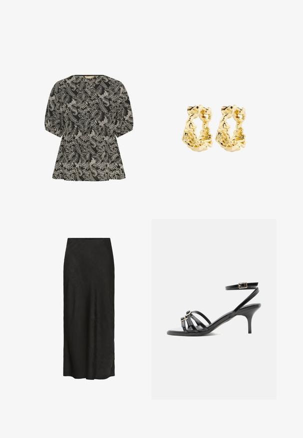 Culture CUBroderie - Bluse - black whitecap; Sort, gulvlange nederdel lavet af struktureret stof. Har en glat talje, let fald og et minimalt design uden yderligere detaljer.; Sort læder sandal med stropper, lille hæl, firkantet tå, to spænder foran og en ankelrem med guldspænde.; Guld-tonet hoops øreringe med et tekstureret, uregelmæssigt design, der har en kraftig og skulpturel form med en poleret overflade.