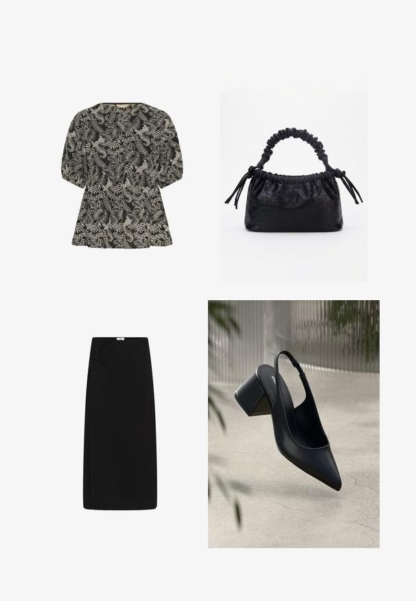 Culture CUBroderie - Pluus - black whitecap; Mustast pehmest kangast põlvpikk seelik; taljeosas on peen keerutatud detail ning sellel on puhas, sirge siluett.; Must musta slingback-kreen, millel on terav nina ja plokknina. Sile tekstuur, minimaalne disain ja reguleeritav pahkluu rihm.; Must käekott krokodillinaha tekstuuriga, voltis ülaservaga, kogutud sangaga ja kummipaeladega tutsidega igal küljel valgel taustal.