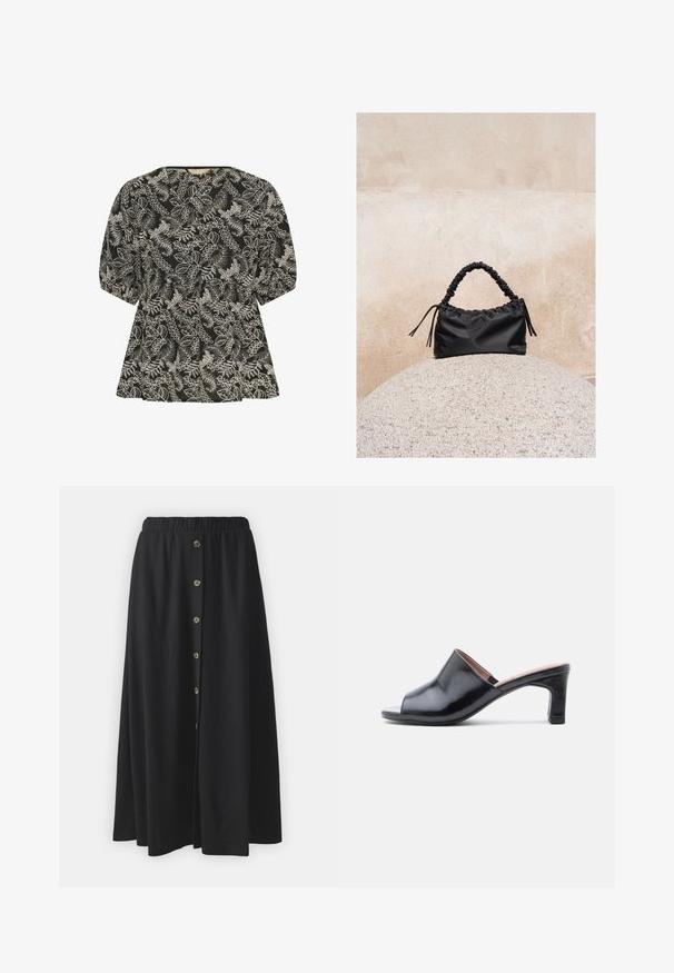 Blouse noire à manches courtes avec motif floral feuillu brodé blanc, encolure ronde et détail froncé à la taille.; Jupe maxi noire avec une taille élastique, dotée d'une fermeture à boutons à l'avant, fabriquée en tissu doux avec une texture lisse et sans motifs.; Mules en cuir noir à bout ouvert avec un design courbé, un petit talon carré et une texture lisse. Accents semblables au bois sur le talon.; Sac à main noir froncé avec une poignée froncée, posé sur une sphère en pierre texturée devant un mur en béton beige.