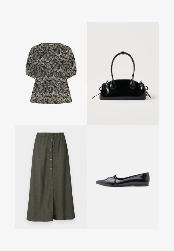 Culture CUBroderie - Bluse - black whitecap; Khaki Midi-Rock mit einem Knopfverschluss auf der Vorderseite mit acht Knöpfen, elastischem Bund und glattem, leichtem Stoff.; Schwarzer Ballerina aus Lackleder mit spitzer Kappe, dekorativem Riemen und glatter Textur. Minimalistisches Design ohne sichtbare Akzente.; Kleine schwarze glänzende Handtasche mit zwei langen Griffen und seitlichen Kordelzug-Details vor einfachem hellem Hintergrund.