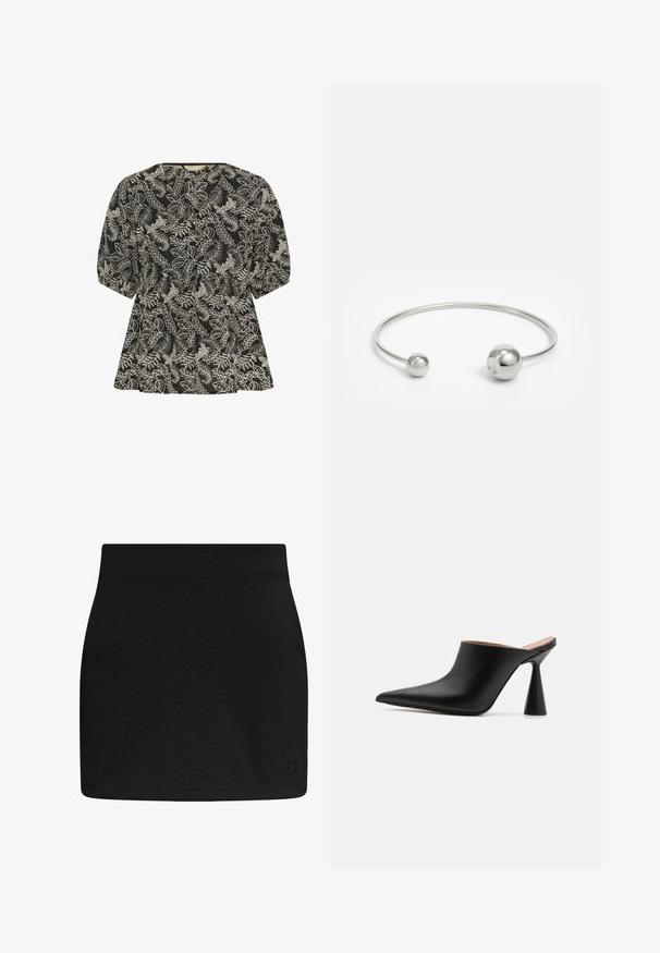 Culture CUBroderie - Pluus - black whitecap; Must Calvin Kleini miniseelik sirge lõikega ja õrn CK logo parema alumise ääre juures.; Mustast nahast mules, terava toe ja ainulaadse koonusja kontsaga. Sile tekstuur ja minimalistlik disain, avatud tagaosa mugavaks selga panemiseks.; Hõbedane metallist käevõru, millel on iga otsa juures kaks sfäärilist aktsenti, sile pind, avatud disain ja stiilne, minimalistlik kuju.
