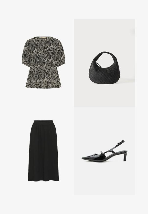 Culture CUBroderie - Bluse - black whitecap; Schwarzer Midirock aus strukturiertem Stoff, mit elastischem Bund und fließender Silhouette. Verfügt über eine glatte, leicht zerknitterte Oberfläche und einen abgerundeten Saum.; Schwarzer Slingback-Schuh aus Lackleder mit spitzer Kappe, niedrigem Absatz und zwei verstellbaren Schnallenriemen, seitlich dargestellt.; Schwarze gewebte Lederhandtasche mit gebogenem Griff und halbmondförmigem Körper, dargestellt auf weißem Hintergrund.
