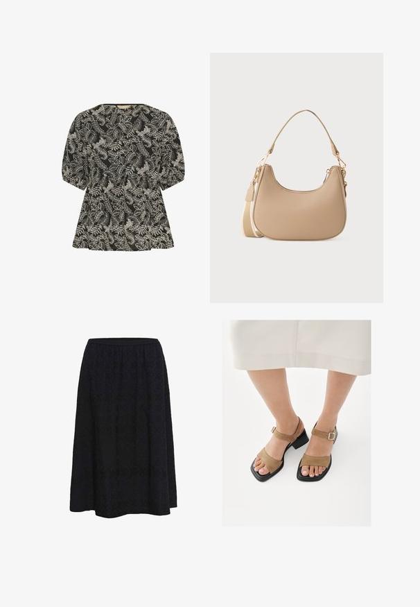 Culture CUBroderie - Blusa - black whitecap; Falda negra hasta la rodilla con corte en A, textura floral sutil y cintura elástica sobre fondo blanco.; Pies con sandalias de ante marrón claro, de punta abierta, con tiras en el tobillo y tacones anchos bajos, combinadas con pantalones cortos de color claro.; Pequeña bolsa de hombro beige con parte superior curvada, correa larga desmontable y cierres de tono dorado sobre un fondo blanco liso.