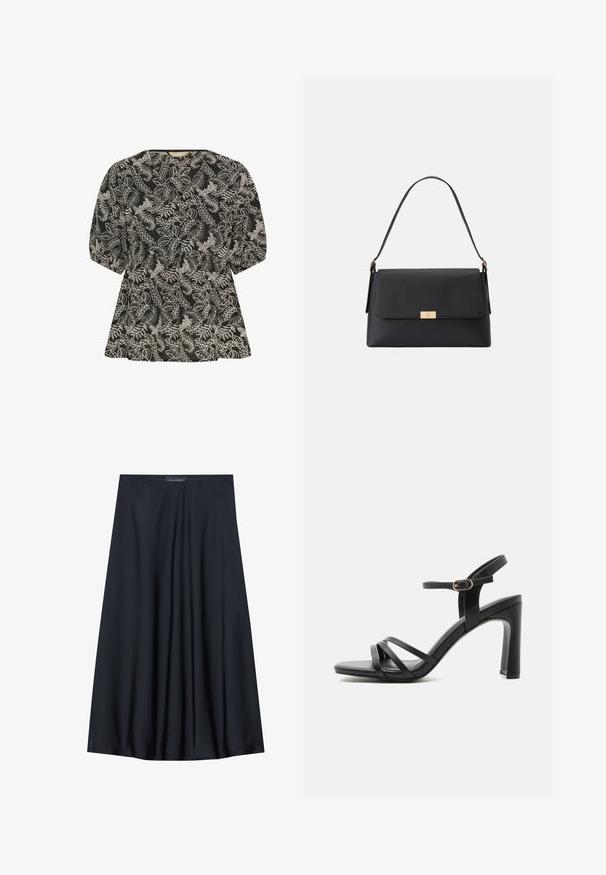 Culture CUBroderie - Bluse - black whitecap; Sort, knælang nederdel lavet af letvægtsstof med et svævende design. Har en glat tekstur og subtile plisseringer for en ekstra detalje.; Sort højhælet sandal med tre stropper foran, en ankelrem med en guldlås og en blokhæl på en ensfarvet baggrund.; Sort håndtaske lavet af tekstureret materiale med en struktureret form. Har en klaplukning, en guldfarvet hardwaredetalje og et enkelt håndtag.