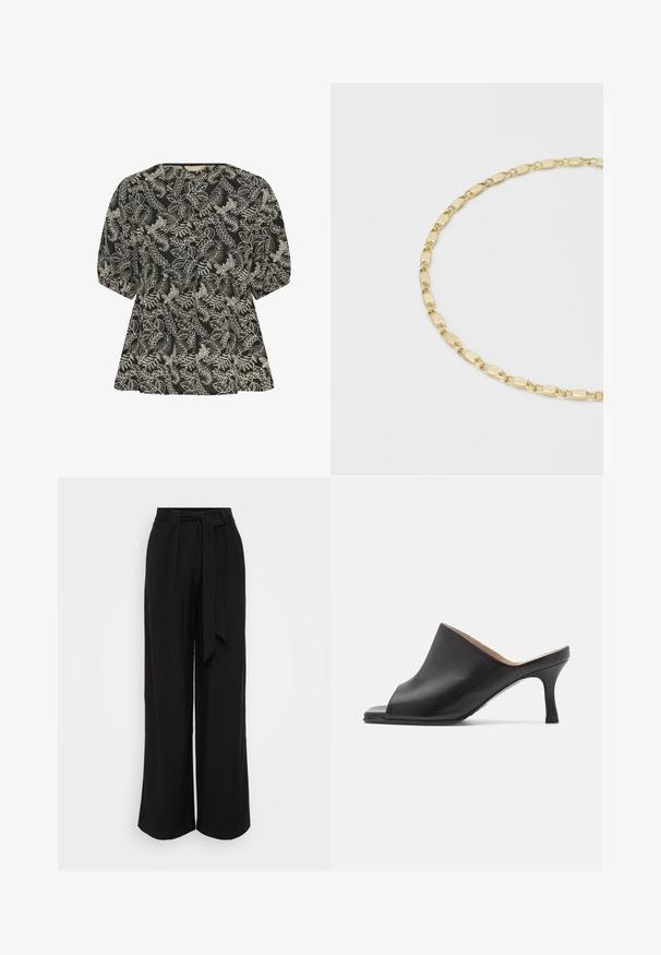 Culture CUBroderie - Bluse - black whitecap; Schwarze, weit geschnittene Hose aus glattem Stoff, mit hoher Taille, einem Bindegürtel und Falten für einen maßgeschneiderten Look.; Selected ASHLEY - Pantolette hoch - black; Goldene Kettenhalskette mit länglichen ovalen Gliedern und polierter Oberfläche. Das Metall hat eine glänzende Textur und eine einheitliche Farbe.