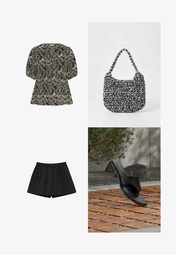 Culture CUBroderie - Blúzka - black whitecap; Čierne šortky s elastickým pásom, voľným strihom a hladkou látkou, položené naplocho na bielom pozadí.; Čierna sandála Calvin Klein na podpätku s prstovou slučkou na drevenej dlažbe vonku pri strome a kamennom múre.; Tkaná kabelka v čierno-bielej kombinácii s oválnym tvarom, textúrovaným povrchom a pletenou rúčkou. Vhodná na bežné nosenie.
