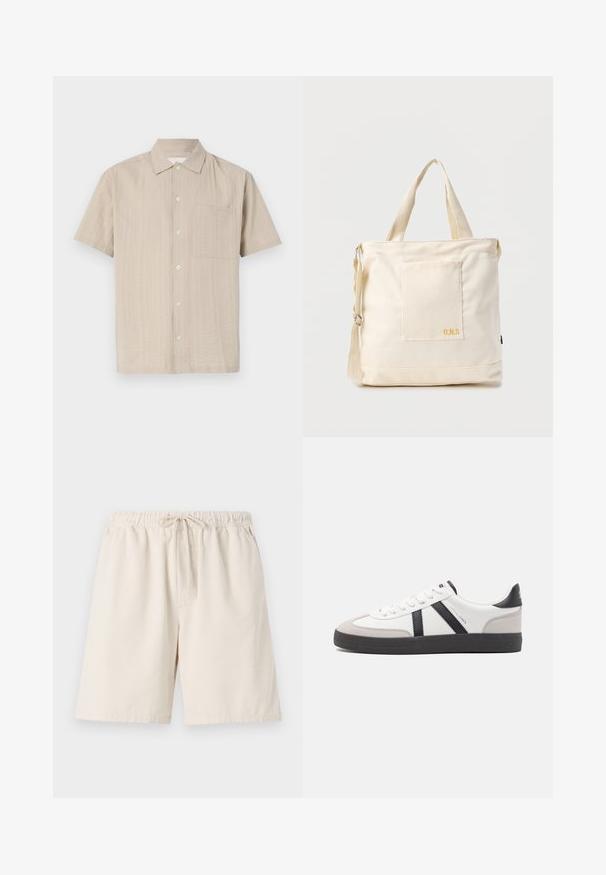 Camisa de manga corta en tejido beige claro con un patrón texturizado, cierre de botones y bolsillo de parche en el lado izquierdo del pecho. Diseño de cuello clásico.; Shorts de color beige claro con tejido acanalado, cintura elástica y cordón ajustable. Presentan bolsillos laterales y un ajuste relajado. Material de mezcla de algodón.; Zapatilla blanca con acentos en negro y gris, que presenta una puntera texturizada en gris, suela de goma negra y cordones planos blancos. Diseño limpio, estilo minimalista.; Bolsa tote de lona color crema con bolsillo delantero, dos asas, correa de hombro ajustable y pequeño texto amarillo "O.N.S" en la parte inferior derecha del bolsillo.