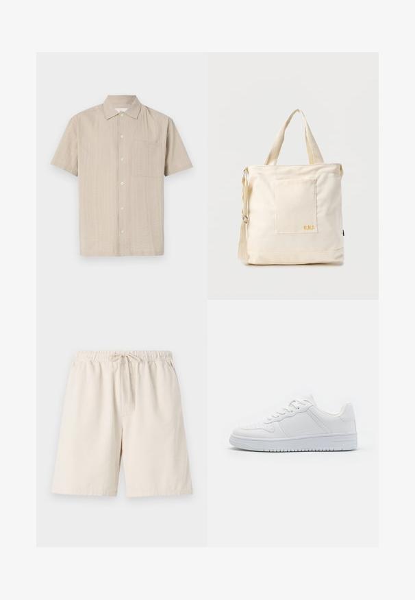 Korte mouwen overhemd in lichtbeige stof met een gestructureerd patroon, knoopsluiting en een opgestikte zak op de linkerborst. Klassiek kraagontwerp.; Lichtbeige geribde shorts met een elastische tailleband en trekkoord. Voorzien van zijzakken en een relaxte pasvorm. Gemaakt van een katoenmix.; Witte sneakers van glad synthetisch materiaal, met platte veters, geperforeerde neus en een rubberen zool met een gestructureerd grippatroon.; Crèmekleurige canvas boodschappentas met voorvak, twee handvatten, verstelbare schouderriem en kleine gele "O.N.S" tekst rechtsonder op het vak.