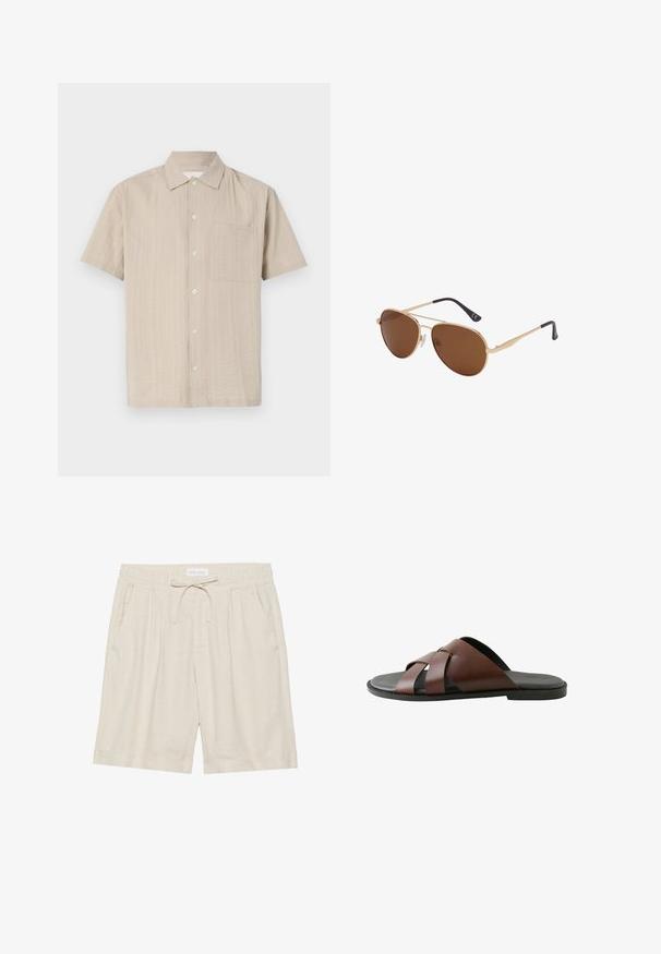 Korte mouwen overhemd in lichtbeige stof met een gestructureerd patroon, knoopsluiting en een opgestikte zak op de linkerborst. Klassiek kraagontwerp.; Beige linnen shorts met een elastische tailleband, trekkoord en zijzakken. Ontspannen pasvorm met een rechte pijp en omgeslagen zoom.; Bruine leren herensandaal met gekruiste bandjes en zwarte zool, zijaanzicht op witte achtergrond.; Gouden metalen aviator-zonnebril met bruin getinte glazen en zwarte met plastic bedekte pootjes op een witte achtergrond.