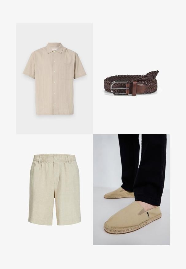 Camisa de manga corta en tejido beige claro con un patrón texturizado, cierre de botones y bolsillo de parche en el lado izquierdo del pecho. Diseño de cuello clásico.; Pantalones cortos beige hasta la rodilla con cintura elástica, trabillas para cinturón, cierre delantero con botón y cremallera, hechos de tela ligera.; Zapatos de lona color beige tipo slip-on con gomas elásticas, suela de cuerda de yute y costuras en contraste. Llevados con pantalones negros ajustados.; Cinturón de cuero trenzado marrón con hebilla de metal plateado y detalles de cuero. Presenta un patrón de tejido texturizado y una construcción robusta.