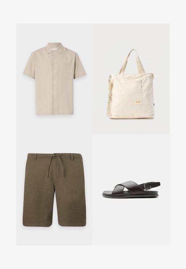 Kortærmet skjorte i lyse beige stof med et struktureret mønster, knaplukning og brystlomme på venstre side. Klassisk kravedesign.; Olivengrønne linnedshorts med flad front, snørelukning i taljen og sidelommer; struktureret stof med en afslappet, løs pasform.; Herre mørkebrun lædersandal med krydsede remme og justerbar rem med spænde ved hælen på flad sål, vist fra siden.; Kremfarvet lærredstote-taske med frontlomme, to håndtag, justerbar skulderrem og lille gul "O.N.S" tekst i nederste højre hjørne af lommen.