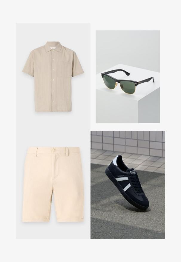 Kurzarmhemd aus leicht beigem Stoff mit strukturiertem Muster, Knopfverschluss und aufgesetzter Tasche auf der linken Brustseite. Klassisches Kragen-Design.; Beige Baumwollshorts mit flacher Vorderseite, einem einzigen Knopfverschluss und aufgeschlagenen Säumen. Sie verfügen über seitliche Taschen und eine glatte Textur.; Schwarze Leder-Sneaker mit weißen Streifen, strukturiertem Gummisohle und Schnürung. Verfügt über ein Markenetikett auf der Zunge.; Ray-Ban Sonnenbrillen mit grünen Gläsern, schwarzen Kunststoffrahmen und goldenen Akzenten an den Rändern. Quadratische Form mit matter Oberfläche.