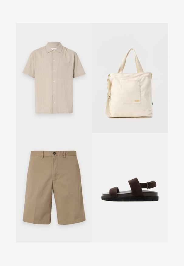 Chemise à manches courtes en tissu beige clair avec un motif texturé, fermeture à boutons et poche appliquée sur la poitrine gauche. Design de col classique.; Shorts beiges en coton, avec une coupe droite, deux poches avant et une fermeture à bouton. Texture lisse avec un design minimaliste.; Sandale en suède marron avec deux brides, semelle épaisse et rembourrée, et bride de talon réglable avec boucle, vue de profil sur fond blanc.; Sac fourre-tout en toile crème avec poche avant, deux poignées, bandoulière réglable et petit texte jaune "O.N.S" en bas à droite de la poche.