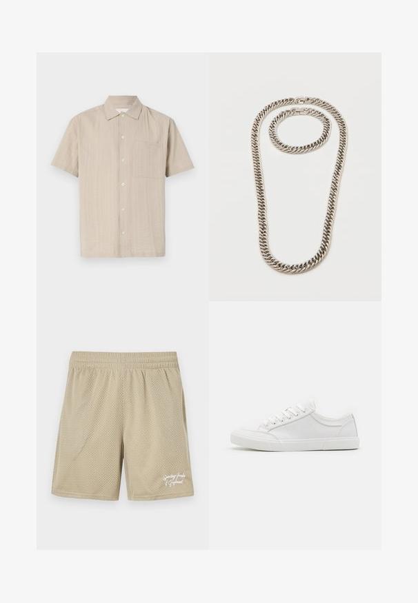 Kortærmet skjorte i lyse beige stof med et struktureret mønster, knaplukning og brystlomme på venstre side. Klassisk kravedesign.; Khawfede atletiske shorts lavet af meshstof, med elastisk talje og hvidt broderet logo-detalje på forsiden.; Hvide sneakers med en glat læderoverdel, rund tå, flad gummisål og seks øjestik til snørebånd. Subtile syninger og minimalistisk design.; Sølvfarvet tyk kæde halskæde og matchende armbånd med sammenkædede led og kasse-låse på en hvid baggrund.