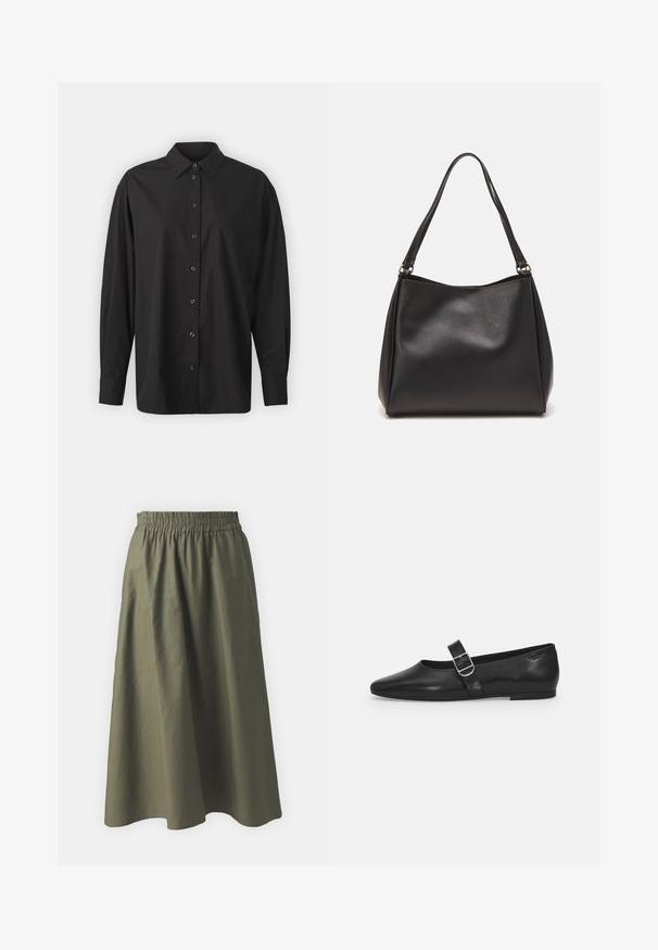GAP THE BIG SHIRT - Chemisier - black; Jupe mi-longue vert olive avec une taille élastique froncée. Fabriquée en tissu léger avec une texture lisse et un design simple.; Chaussure plate en cuir noir avec un bout arrondi, une seule sangle réglable à boucle et une texture lisse et brillante. Design minimaliste avec un petit talon.; Sac à main en cuir synthétique noir avec une texture douce, forme hobo et doubles poignées; présente une finition brillante et un design minimaliste.