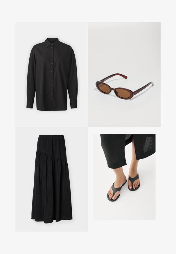 GAP THE BIG SHIRT - Blusa - black; Falda negra hasta el tobillo con tela fruncida y un detalle de costura diagonal en la parte delantera.; Primer plano de pies con sandalias negras de cuero tipo chancla y el dobladillo de una falda negra visible por encima de los tobillos sobre un suelo blanco.; Gafas de sol redondas con tinte marrón y un marco burdeos brillante. Patillas delgadas con un sutil detalle de marca. Diseño de lentes planos.
