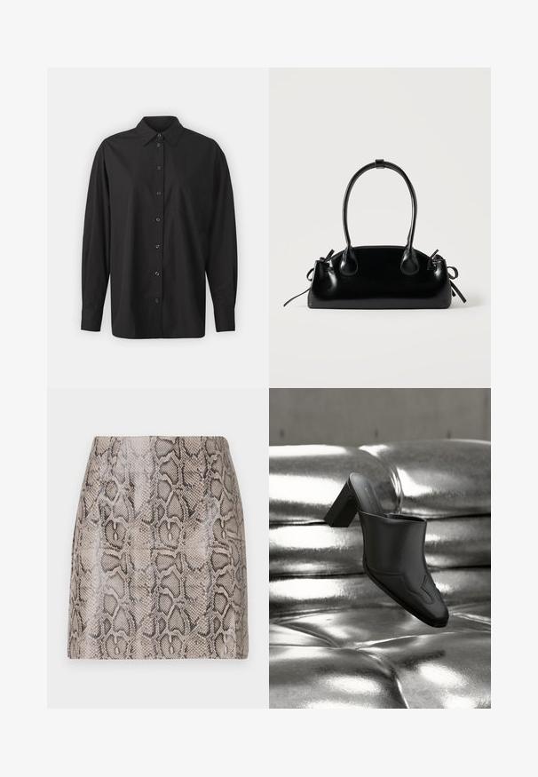 GAP THE BIG SHIRT - Blusa - black; Una mini falda ajustada con un acabado brillante, textura de imitación de serpiente en tonos de beige y negro, con un acabado suave y sin cierres visibles.; Mula de cuero negro con tacón ancho descansando sobre una superficie plateada brillante acolchada, destacando su diseño elegante y detalles curvados.; Pequeño bolso negro brillante con dos asas largas y detalles de cordón lateral sobre un fondo claro liso.