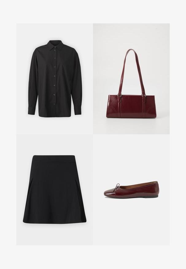 GAP THE BIG SHIRT - Skjortebluser - black; Sort A-formet nederdel med lette læg i siderne, flad linning og glat stofftekstur.; Bordeaux patentlæder balletflad med rund tå, lille sløjfeaccent foran og en lav, sort gummisål. Glat tekstur.; Bordeaux håndtaske lavet af glansfuldt materiale, rektangulær form, med to skulderremme og subtile buede detaljer på forsiden.