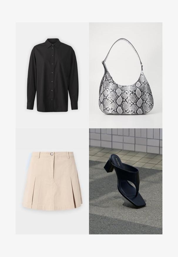 GAP THE BIG SHIRT - Overhemdblouse - black; Beige korte rok met voorplooien, knoop, ritssluiting en riemlussen, getoond tegen een eenvoudige lichte achtergrond.; Zwarte sandaal met hak, vierkante neus en brede band, geplaatst op grijs asfalt nabij betegelde muur.; Zwart-witte slangenprint schoudertas met een afgeronde vorm, een gladde textuur en een ronde strap. Voorzien van een zilveren hardwareaccent.