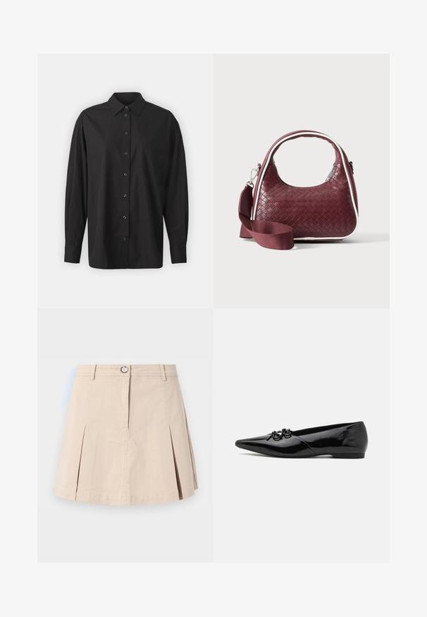 GAP THE BIG SHIRT - Paitapusero - black; Beige lyhyt hame, jossa edessä laskokset, napitus, vetoketjusuljin ja vyölenkit, esillä yksiväristä vaaleaa taustaa vasten.; Mustat lakatut kengät, joissa on kärjellä terävä muoto, koristeellinen nauhasomistus edessä ja matala, tyylikäs korko.; Tummanpunainen kudottu nahkainen käsilaukku kaarevalla kahvalla, valkoisella reunuksella, hopeisella vetoketjulla ja irrotettavalla leveällä kangasolkaimella yksivärisellä taustalla.