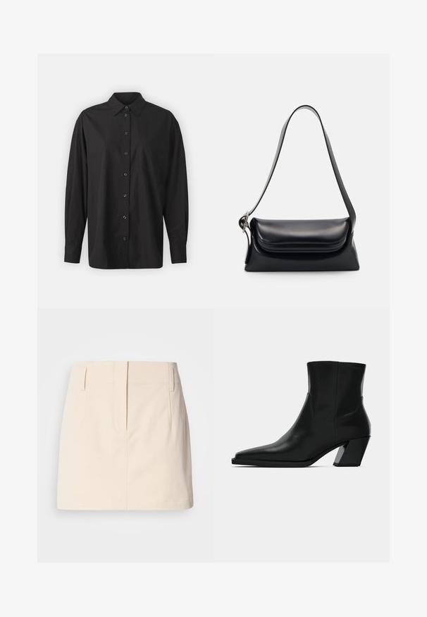 GAP THE BIG SHIRT - Overhemdblouse - black; Calvin Klein Jeans SKIRT - A-lijn rok - fog; Zwarte leren enkelboot met een spitse neus, een slanke silhoeet en een chunky vierkante hak. Gladde textuur met minimale stikdetails.; Zwarte leren handtas met een gestructureerde vorm, een gladde textuur en een enkele schouderband. Heeft een subtiele, afgeronde klepontwerp.