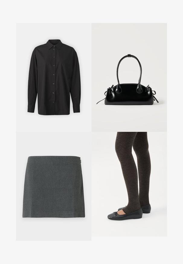 GAP THE BIG SHIRT - Overhemdblouse - black; Zwart-wit geblokte rok gemaakt van stof met een gladde textuur. Heeft een rechte silhouette en een ritssluiting aan de zijkant.; Benen met donkere geribbelde leggings gecombineerd met zwarte ballerina's met kleine strikdetails op een witte achtergrond.; Kleine zwarte glanzende handtas met twee lange hengsels en zijkant trekkoord details op een effen lichte achtergrond.