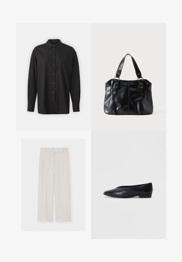 GAP THE BIG SHIRT - Chemisier - black; Pantalon crème taille haute à jambes larges avec un motif à carreaux subtil, passant de ceinture et fermeture frontale dissimulée sur un fond uni.; Chaussure plate en cuir noir avec un bout pointu, un léger talon surélevé et une surface lisse. Design simple sans matériel ou motifs visibles.; Sac à épaule en cuir noir avec double anses attachées par des anneaux et rivets dorés, surface lisse et légèrement brillante, design simple.