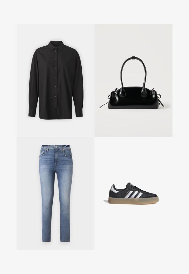 GAP THE BIG SHIRT - Blusa - black; Vaqueros de tiro alto en azul claro, con un ajuste slim, que cuentan con cinco bolsillos y una cremallera en la bragueta, fabricados en denim con una textura suave.; Zapatilla deportiva de cuero negro con tres rayas plateadas, punta texturizada y suela de goma. Cuenta con un collar acolchado y un diseño con cordones.; Pequeño bolso negro brillante con dos asas largas y detalles de cordón lateral sobre un fondo claro liso.