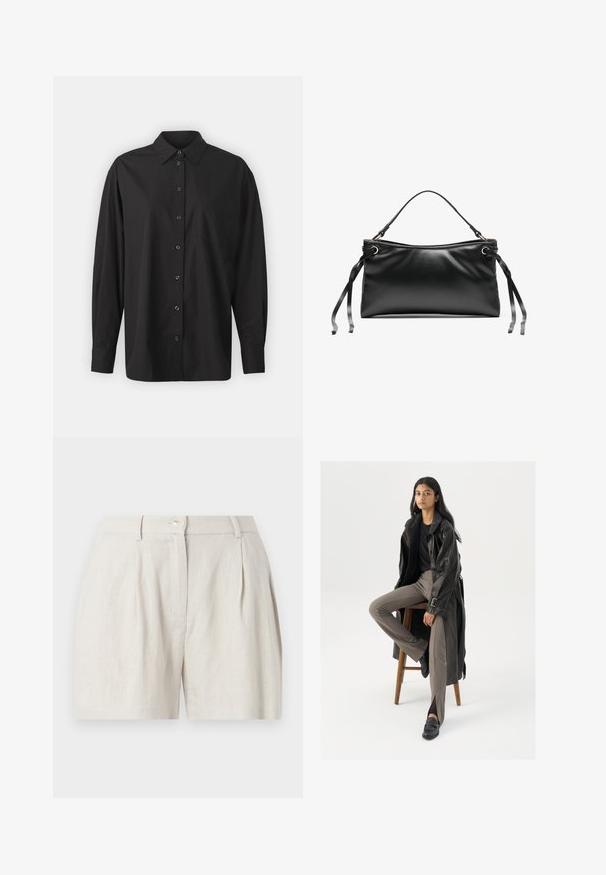 GAP THE BIG SHIRT - Skjortebluser - black; Kremfarvede hørshorts med høj talje, frontfolder, sidelommer, bæltestropper og knaplukning.; Sort læder trench coat med knapper og bælte detalje, parret med lysebrune tætsiddende bukser og sorte loafers, siddende på en træstol.; Sort lædertaske med en struktureret rektangulær form, et skulderhåndtag og bånd-lignende snørebånd på hver side til justerbar lukning.