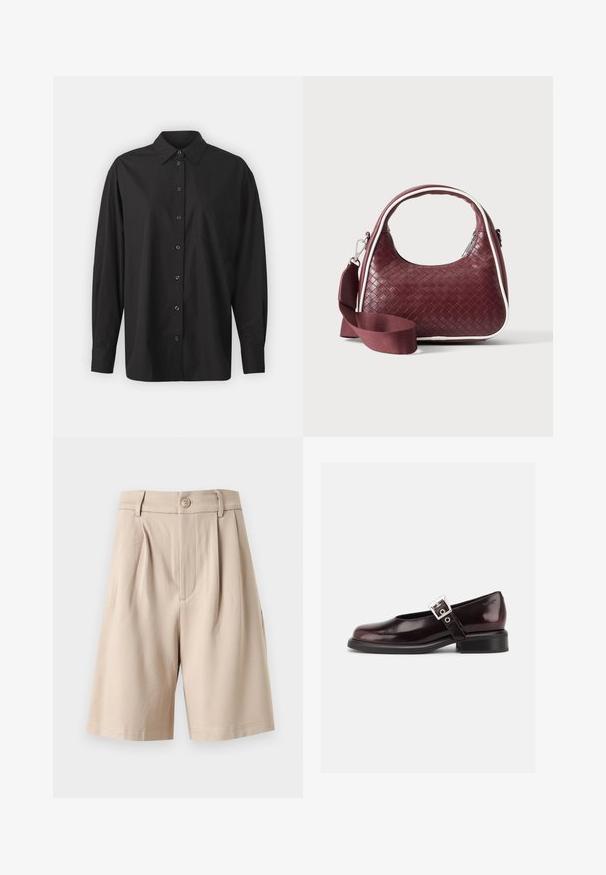 GAP THE BIG SHIRT - Blusa - black; Pantalones cortos beige de talle alto, confeccionados con plisados, trabillas para cinturón, cierre frontal con botón y bajo hasta la rodilla sobre fondo blanco.; Zapato único Mary Jane brillante de color burdeos oscuro con correa ancha y hebilla plateada, tacón bloque bajo y punta redondeada sobre fondo blanco.; Bolso de mano de cuero tejido color granate con asa curva, ribete blanco, cremallera plateada y correa desmontable de tela ancha para el hombro sobre fondo liso.