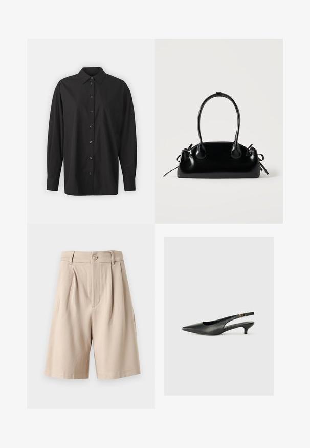 GAP THE BIG SHIRT - Overhemdblouse - black; Beige, hoog getailleerde, op maat gemaakte korte broek met plooien, riemlussen, knoopsluiting aan de voorkant en een zoom tot op de knie tegen een witte achtergrond.; Zwarte puntschoen met slingback van soepel leer. Kenmerkt zich door een dunne hak en een gespdetail op de verstelbare band.; Kleine zwarte glanzende handtas met twee lange hengsels en zijkant trekkoord details op een effen lichte achtergrond.