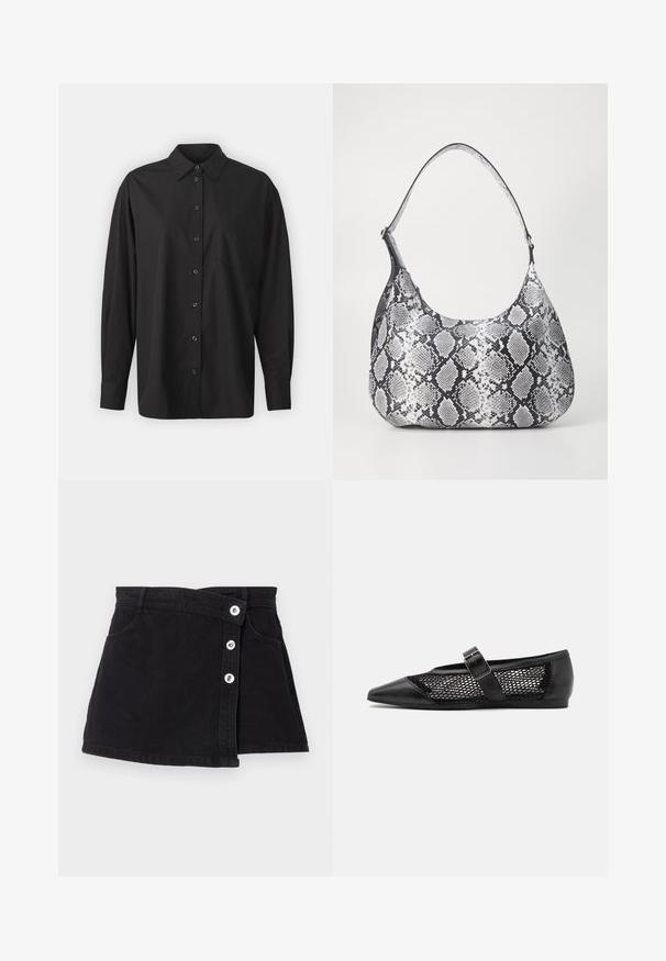 GAP THE BIG SHIRT - Πουκαμίσα με κουμπιά - black; Μαύρη τζιν φούστα με ψηλή μέση, που διαθέτει σχέδιο τύπου περιτύλιξης, πέντε ασημένια κουμπιά από τη μία πλευρά και δύο πλαϊνές τσέπες. Λείος υφασμάτινος σχεδιασμός.; Μαύρο επίπεδο παπούτσι με μυτερή μύτη, πλάγιες πάνελ από δίχτυ και λουράκι με λεπτομέρεια από αγκράφα. Λείος φινίρισμα στη μύτη και τις φτέρνες.; Μαύρη και άσπρη τσάντα ώμου με σχέδιο φιδιού, στρογγυλή μορφή, λεία υφή και καμπύλη λουρί. Διαθέτει μεταλλικό αξεσουάρ σε ασημί απόχρωση.