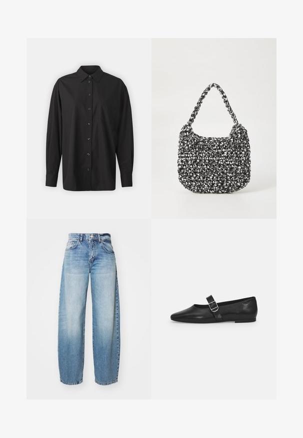 GAP THE BIG SHIRT - Skjortebluser - black; Lyseblå vidde jeans med en falmet finish, fem lommer og en knap lukning. Stoffet er denim med klassiske syninger og en afslappet pasform.; Sorte læder flade sko med rund tå, et enkelt justerbart spænde og en glat, blank overflade. Minimalistisk design med en lav hæl.; Vævet håndtaske i sort og hvid med en rund form, tekstureret overflade og et fletet håndtag. Velegnet til afslappet brug.