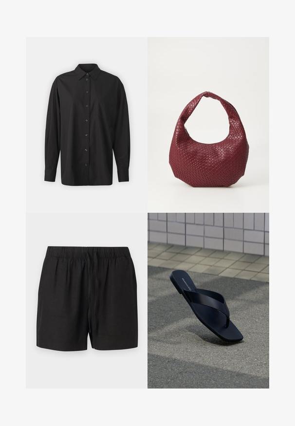 GAP THE BIG SHIRT - Skjortebluser - black; Sorte afslappede shorts med elastisk talje og snor foran, lavet af letvægtsstof, vist mod en neutral baggrund.; Sort tanga-sandal med firkantet tå og mærkenavn på fodseng, placeret opret på tekstureret fortov nær flisebeklædt væg.; Vævet bordeaux håndtaske med en rund silhuet, et enkelt håndtag og en tekstureret overflade. Lynlåslukning øverst.