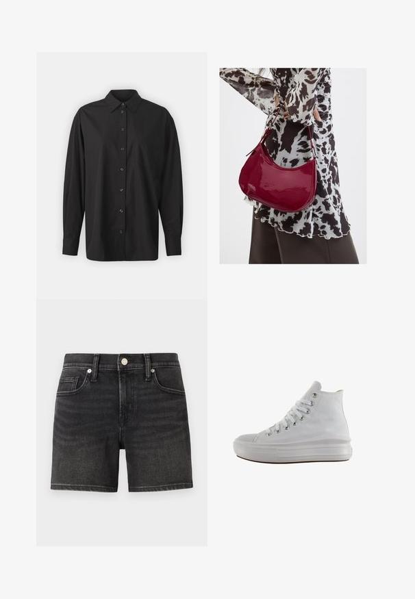 GAP THE BIG SHIRT - Nööpidega pluus - black; Mustad denim lühikesed püksid klassikalise viie taskuga disainiga, ees nupuga sulgur ning õrn pleekimine tekstuuri jaoks.; Valged kõrged teksakingad valgete paelte, metallist aukudega, paksu kummist tallaga ja tekstureeritud varbaküljega, suunatud vasakule valgel taustal.; Naine, kes kannab must-valget mustriga pluusi ja hoiab läikivat punast õlakotti ühevärvilise tausta ees.