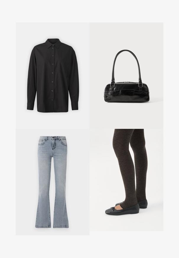 GAP THE BIG SHIRT - Paitapusero - black; Vaaleansiniset farkut, joissa on levenevä lahje, etupainike ja vetoketjukiinnitys sekä klassinen viiden taskun muotoilu.; Jalat, joissa tummat ribbineuleiset leggingsit yhdistettynä mustiin balettitossuihin, joissa on pienet rusettikoristeet valkoisella taustalla.; Musta nahkainen käsilaukku suorakulmaisen muotoisena, jossa on yksi rakenteellinen kahva, hopeiset yksityiskohdat ja vetoketjukiinnitys. Suuri tekstuuri.