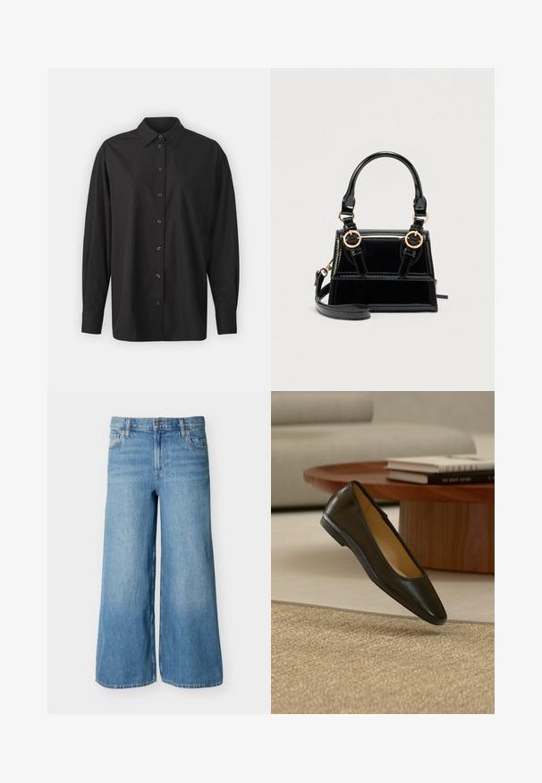 GAP THE BIG SHIRT - Overhemdblouse - black; Lichtblauwe wijde spijkerbroek met knoopsluiting aan de voorkant, rits, lussen voor een riem en zakken, afgebeeld tegen een effen achtergrond.; Zwarte leren platte schoen met afgeronde vierkante neus op een beige geweven tapijt, met houten salontafel en gestapelde boeken op de achtergrond.; Zwarte handtas van lakleer met gouden accenten, dubbele handvatten aan de bovenkant en een verstelbare schouderband. Gestructureerd ontwerp met accentstiksels.