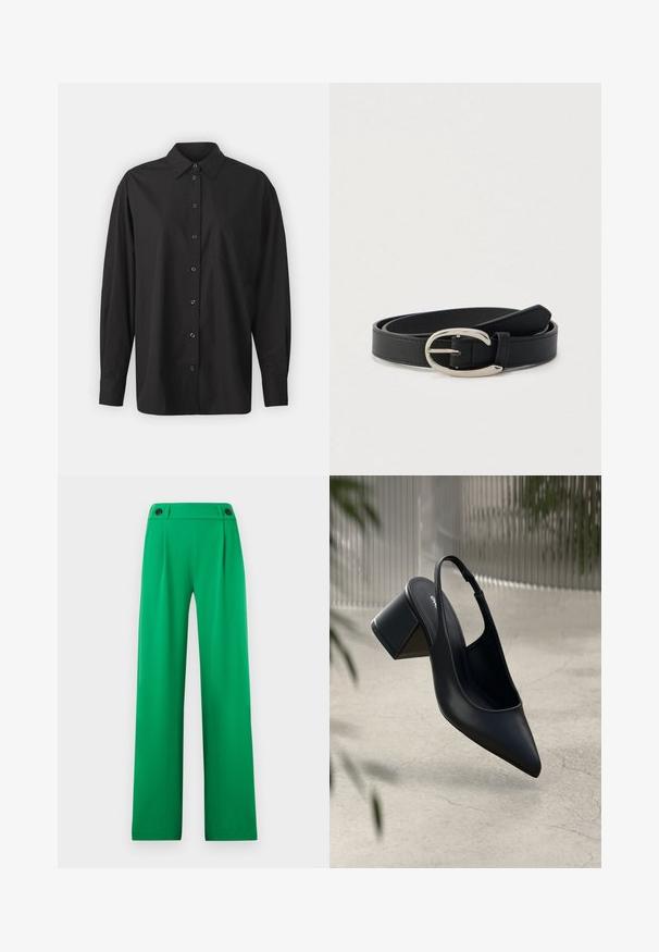 GAP THE BIG SHIRT - Skjortebluser - black; Grønne højtaljede bukser med vide ben, knapdetaljer ved linningen, glat stof og et rent frontdesign.; Sort læder slingback hæl med spids tå og blokhæl. Glat tekstur, minimalistisk design og justerbar ankelrem.; Sort læderbælte med sølvfarvet ovalt spænde, rullet sammen på en lysegrå baggrund.