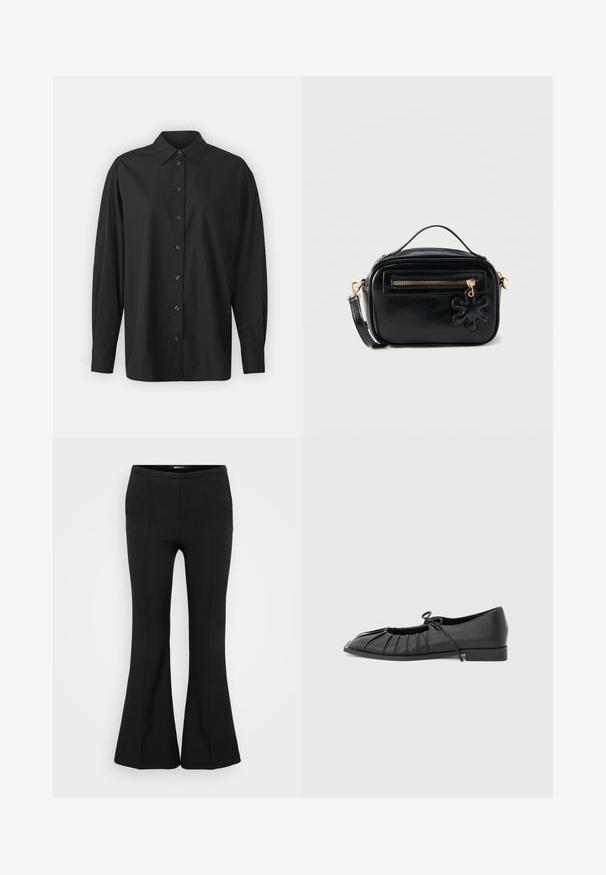 GAP THE BIG SHIRT - Skjortebluser - black; Sorte flagrende bukser lavet af et glat stof, med en tætsiddende talje, sidelommer og minimal syning.; Sort flad sko med plisseret forstykke og bundet sløjfe på toppen, lav hæl og glat tekstur på en lysegrå baggrund.; Kompakt crossbody-taske i sort læder med gyldent lynlås, lille topstrop, aftagelig rem og sort blomsterformet vedhæng på frontlommen.