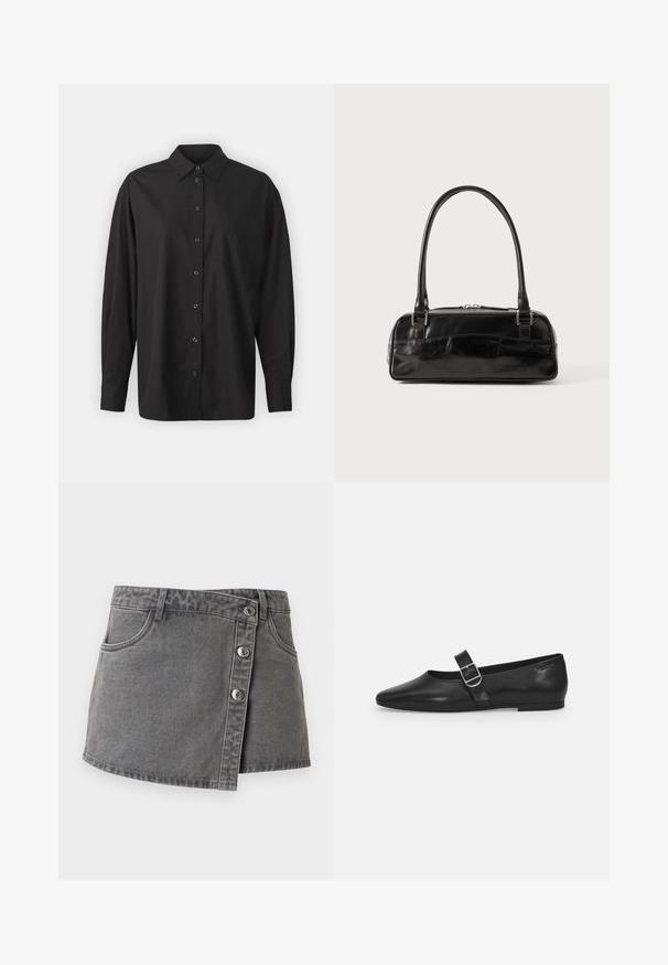 GAP THE BIG SHIRT - Blusa - black; Mini falda vaquera gris con cierre de botones delanteros, trabillas para cinturón y bolsillos delanteros, mostrada sobre un fondo blanco.; Zapato plano de cuero negro con punta redondeada, una sola correa ajustable con hebilla y una textura suave y brillante. Diseño minimalista con un tacón bajo.; Bolso de mano de cuero negro con forma rectangular, equipado con un asa estructurada, herrajes en plata y cierre de cremallera. Textura suave.
