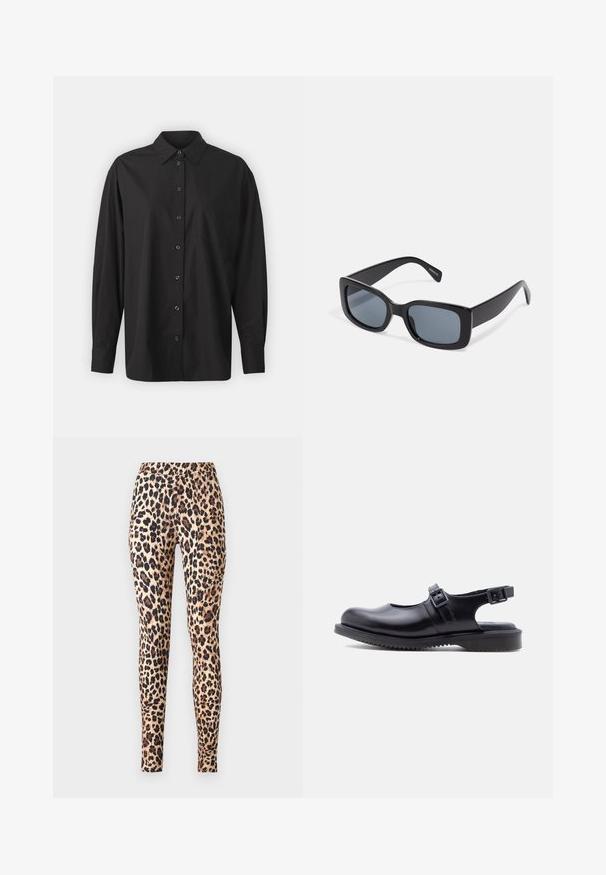 GAP THE BIG SHIRT - Blusa - black; ONLY ONLKIM - Leggings - cuban sand; Zapato estilo Mary Jane de cuero negro con dos correas ajustables con hebilla y una suela gruesa de goma ranurada.; Gafas de sol rectangulares negras con lentes oscuros, montura de plástico grueso y patillas anchas. Superficie lisa y diseño anguloso.