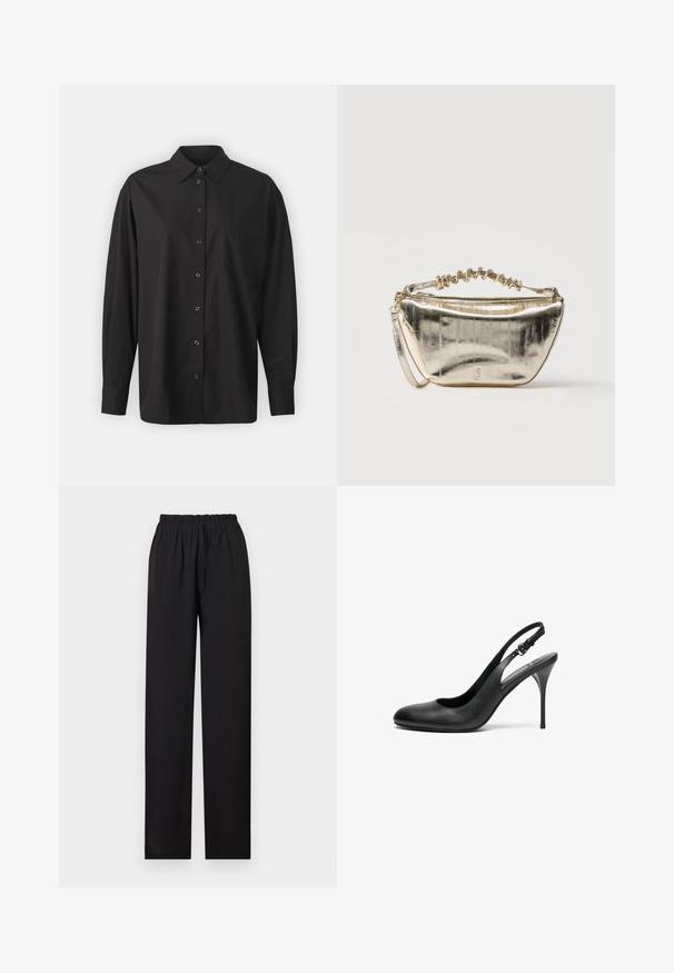 GAP THE BIG SHIRT - Skjortebluser - black; Sorte, lige bukser med elastik i taljen og snøre, vist fladt på en hvid baggrund.; Sort læder slingback pumper med spids tå, tynd stiletto hæl og justerbar rem. Glat tekstur og minimalistisk design.; Blød skuldertaske i skinnende guld med rynket kædehåndtag, lynlåslukning og aftagelig håndledsrem på en ensfarvet lys baggrund.