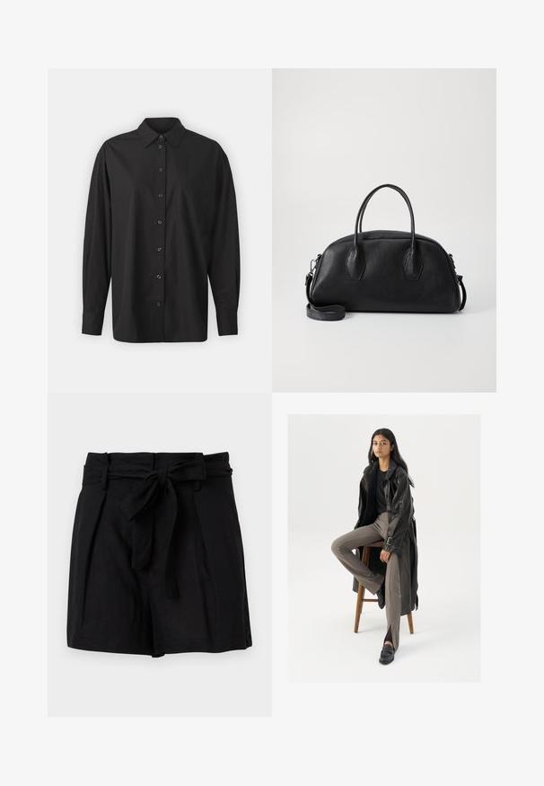 GAP THE BIG SHIRT - Skjortebluser - black; Sorte shorts med høj talje og et stofbælte bundet i en sløjfe foran samt sidelommer, vist mod en hvid baggrund.; Sort læder trench coat med knapper og bælte detalje, parret med lysebrune tætsiddende bukser og sorte loafers, siddende på en træstol.; Sort læder håndtaske med rund form, dobbelte top håndtag, tekstureret overflade og aftagelig skulderrem. To hexagonale detaljer på siderne.