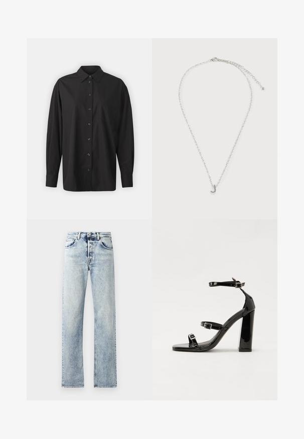 GAP THE BIG SHIRT - Overhemdblouse - black; Lichtblauwe denim jeans met een rechte pijp design. Kenmerken zijn onder andere vijf zakken, riemlussen en een rafelige zoom aan de onderkant.; Zwarte patent lederen sandalen met hoge hakken, twee gespenbanden, een vierkante neus en een stevige blokhak, met een gladde, glanzende textuur.; Zilveren ketting met een klein hangertje met de cursieve letter J en een verstelbare sluiting op een witte achtergrond.