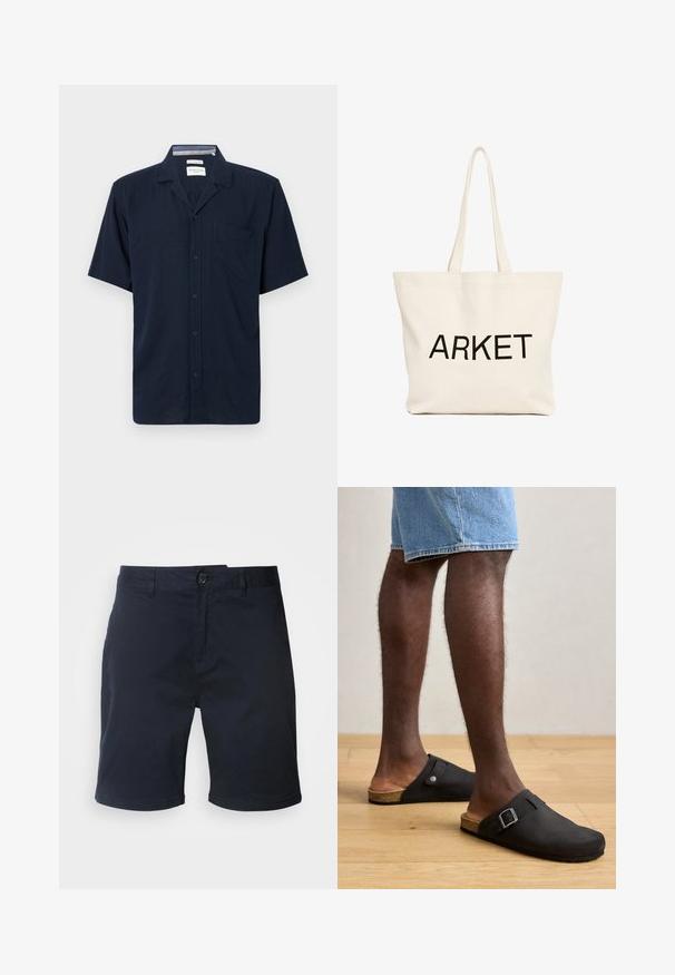 Kortermaags marineblauw overhemd met kraag en een borstzak, weergegeven tegen een effen achtergrond.; Marineblauwe katoenen shorts met knoopsluiting, riemlussen en rechte zoom. Biedt een gladde textuur en een klassiek ontwerp.; Zwarte instapklompen met een gespsluiting, kurken zool en zacht suede-achtig materiaal, gedragen met denim shorts op een houten vloer.; Beige canvas boodschappentas met lange hengsels en zwarte "ARKET" tekst gedrukt op de voorkant.