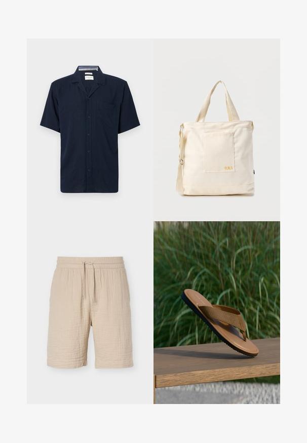 Dunkelblaues Kurzarmhemd mit Kragen und einer einzelnen Brusttasche, vor einem einfarbigen Hintergrund dargestellt.; Beige Baumwollmisch-Shorts mit elastischem Bund, verstellbarem Kordelzug, strukturiertem Stoff und knielangem Saum.; Brauner Riemchensandalette mit strukturiertem Riemen und schwarzer Sohle, balanciert am Rand einer Holzbank, grüne Pflanzen im Hintergrund unscharf.; Beige Canvas-Shopper mit Fronttasche, zwei Griffen, verstellbarem Schulterriemen und kleinem gelbem "O.N.S"-Text unten rechts auf der Tasche.