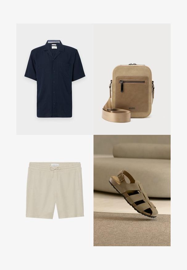 Navyblå kortærmet skjorte med krave og en enkelt brystlomme, vist mod en ensfarvet baggrund.; Kaki-farvede shorts lavet af blød tekstil, med snoretræk i taljen, to sidelommer og en afslappet pasform.; Beige sandal med justerbar spænde og sort sål, placeret på tekstureret tæppe i et rum med neutrale farvetoner.; Lille beige crossbody-taske med lynlåslomme foran, metal ALDO-logo, justerbar bred rem og rundet rektangulær form på hvid baggrund.