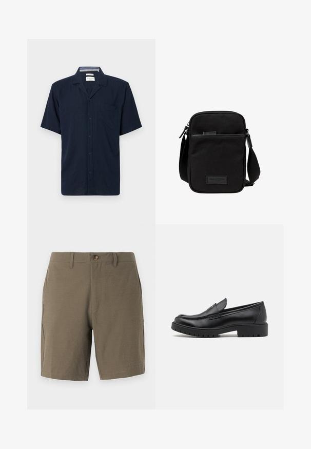 Camisa azul marino de manga corta con botones, cuello y un bolsillo único en el pecho, mostrada sobre un fondo liso.; Pantalones cortos en verde oliva hechos de un tejido texturizado, con cierre de botón y frente plano, y con bolsillos laterales para mayor funcionalidad.; Mocasines de cuero negro con punta redondeada, diseño sin cordones y suela de goma gruesa con agarre texturizado. Tacón elevado y detalles de costura sutiles.; Bolso cruzado de tela negra con un compartimento principal con cremallera, acentos de cuero, bolsillo frontal y strap ajustable. Logo de Marc O'Polo visible.