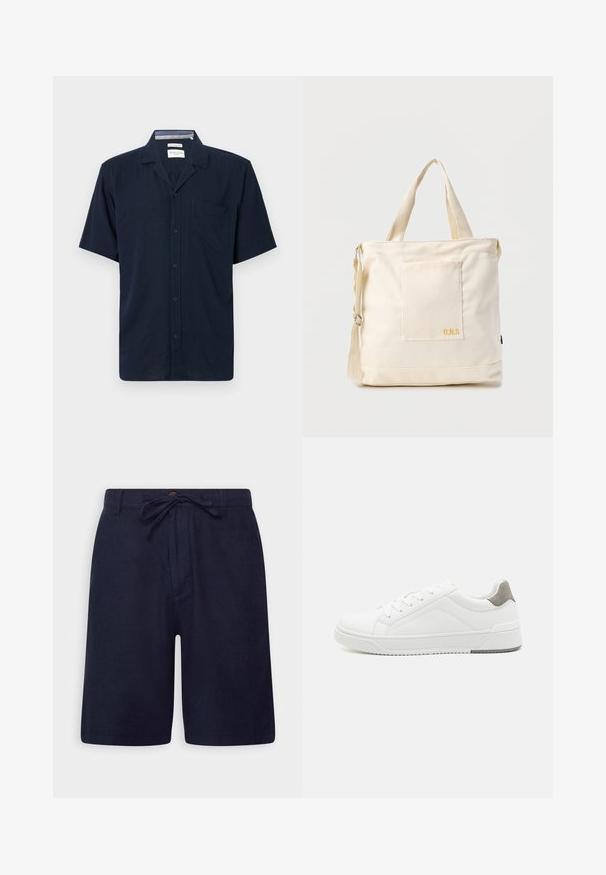 Navyblå kortærmet skjorte med krave og en enkelt brystlomme, vist mod en ensfarvet baggrund.; Marineblå shorts lavet af et let materiale, med elastisk talje, knaplukning og sidelommer. Glat tekstur og skræddersyet pasform.; Hvid sneaker lavet af glat læder, rund tå, minimalistisk design, grå hælafsats og tekstureret gummisål.; Kremfarvet lærredstote-taske med frontlomme, to håndtag, justerbar skulderrem og lille gul "O.N.S" tekst i nederste højre hjørne af lommen.